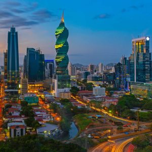 The colorful panoramic skyline of Panama City at sunset with high rise skyscrapers, Panama, Central America.
