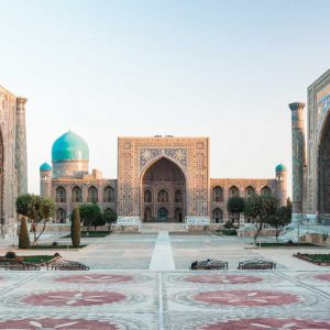 Panorama of Registan square in the city of Samarkand at sunrise, Uzbekistan