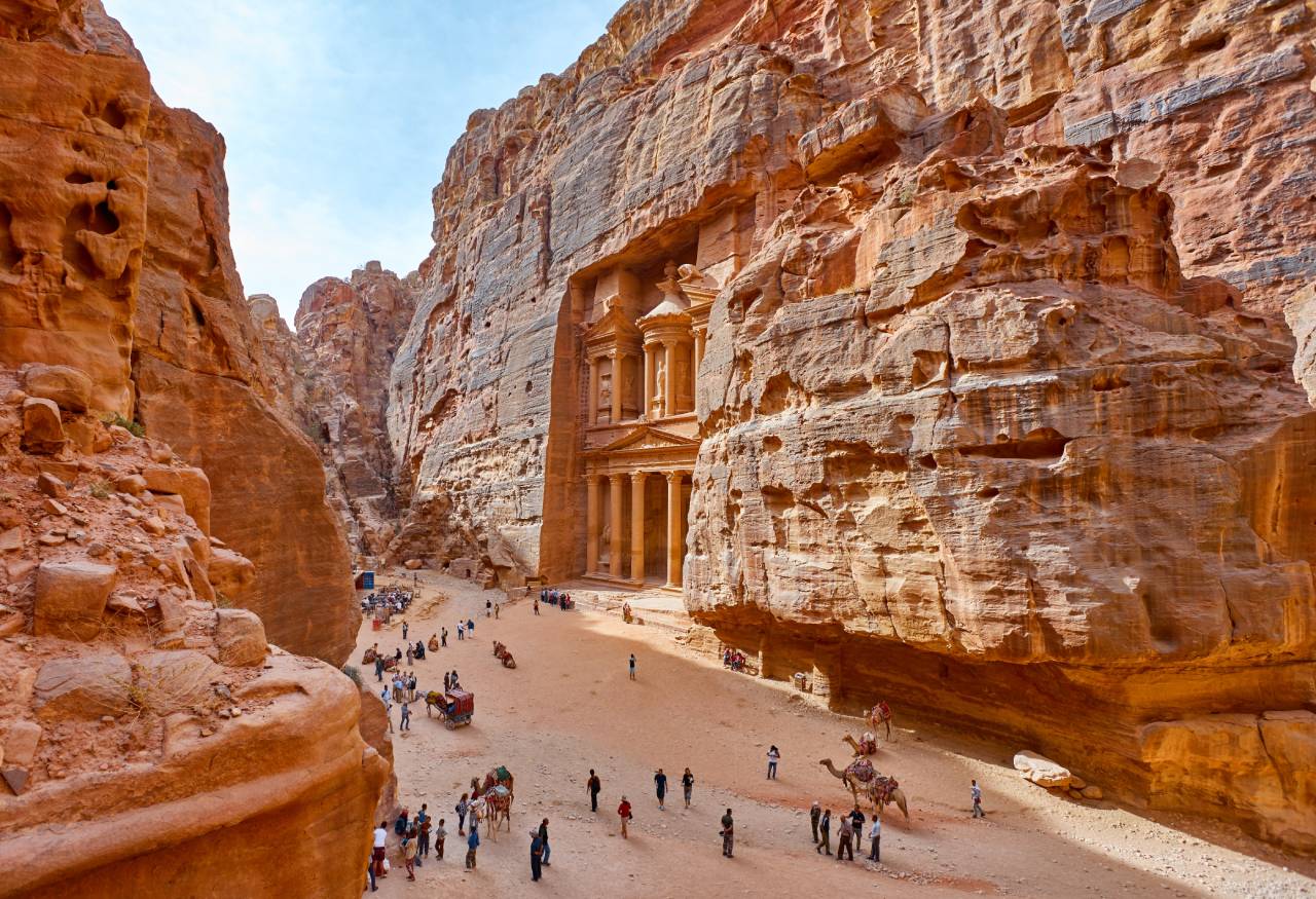 The temple-mausoleum of Al Khazneh in the ancient city of Petra in Jordan