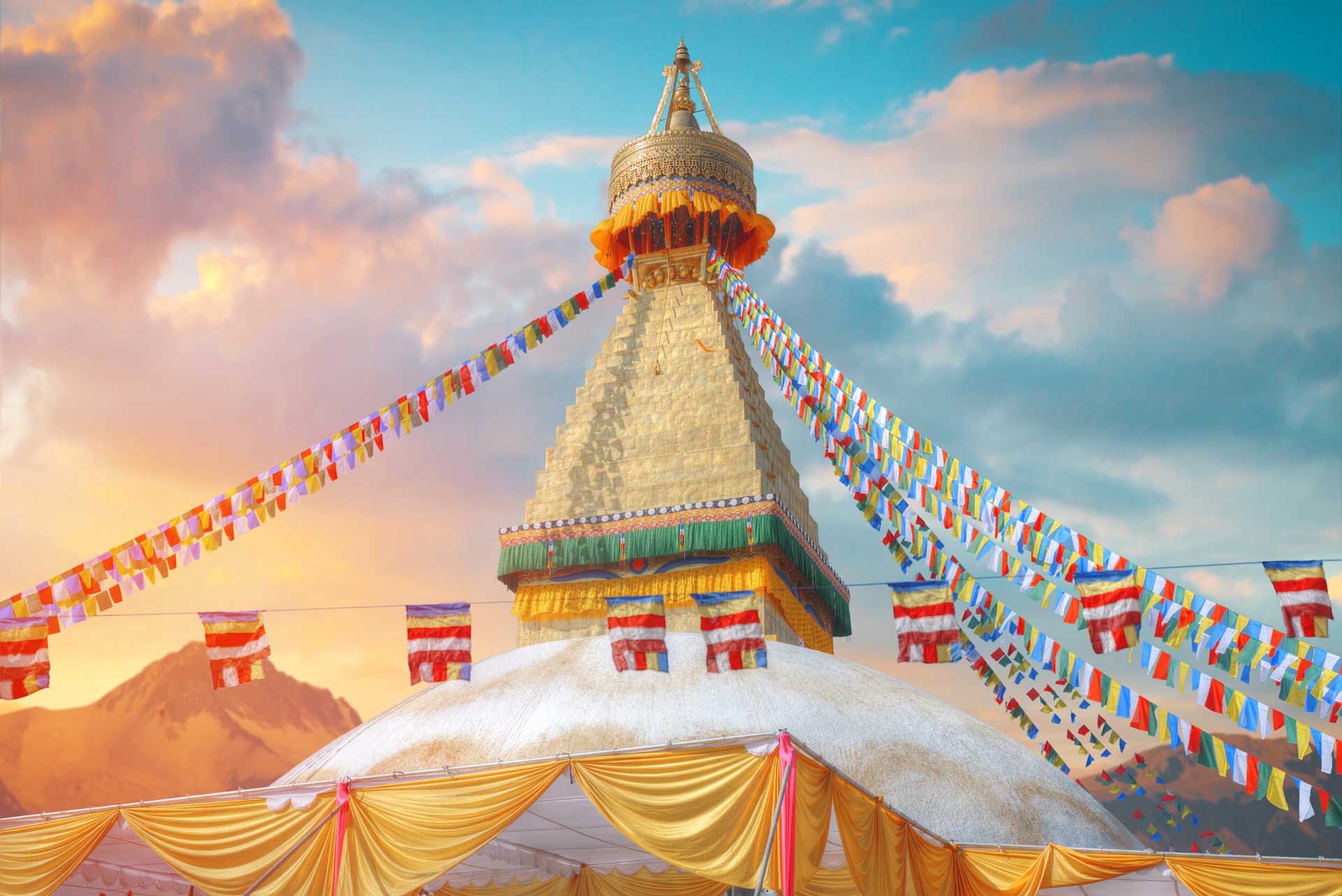 Swayambhunath - the Buddhist temple and the village center on the outskirts of Kathmandu in Nepal. Monkey Temple.