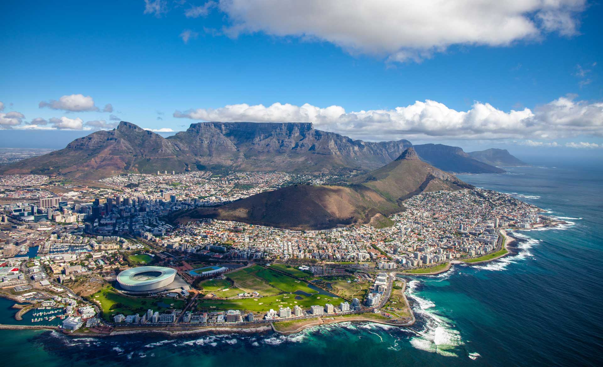 Aerial photo of Cape Town South Africa, overlooking Table Mountain and Lions Head