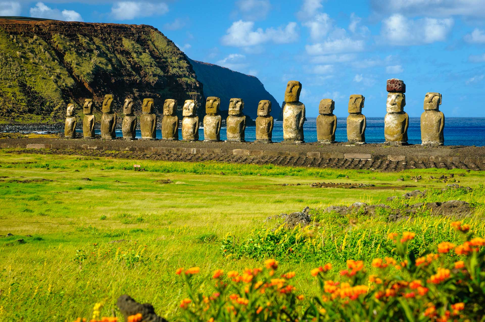 The ancient moai of Ahu Togariki, on Easter Island, some 2,000 miles off the coast of Chile.