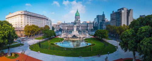 Panorama of the city of Buenos Aires. Aerial panorama of the square near Congreso at sunny day. Argentina